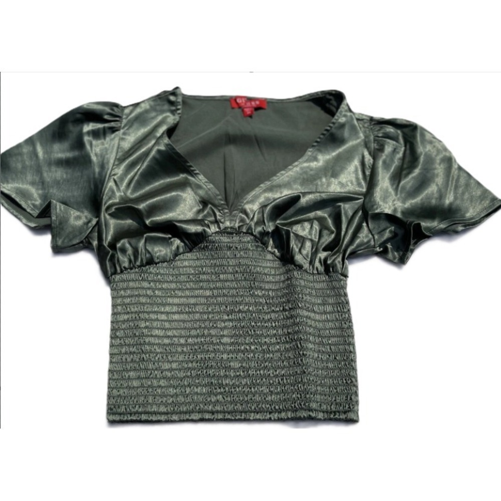 Guess Women's Satin Cropped Green Silky Blouse  Large